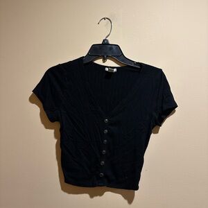 Bozzolo Black Ribbed Button Front Crop Top | Size M